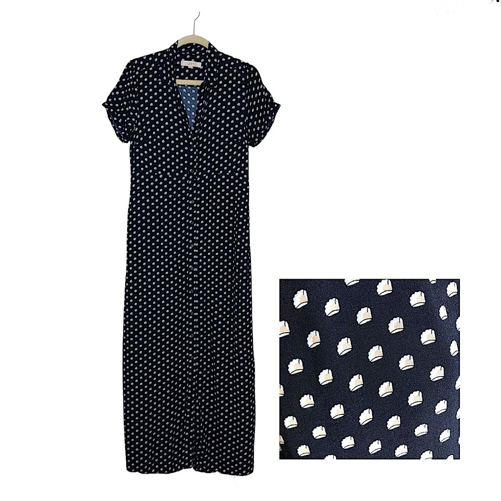 LOFT Rayon Nav & White Tan Print Collar Button Up Pockets Maxi Shirt Dress 10